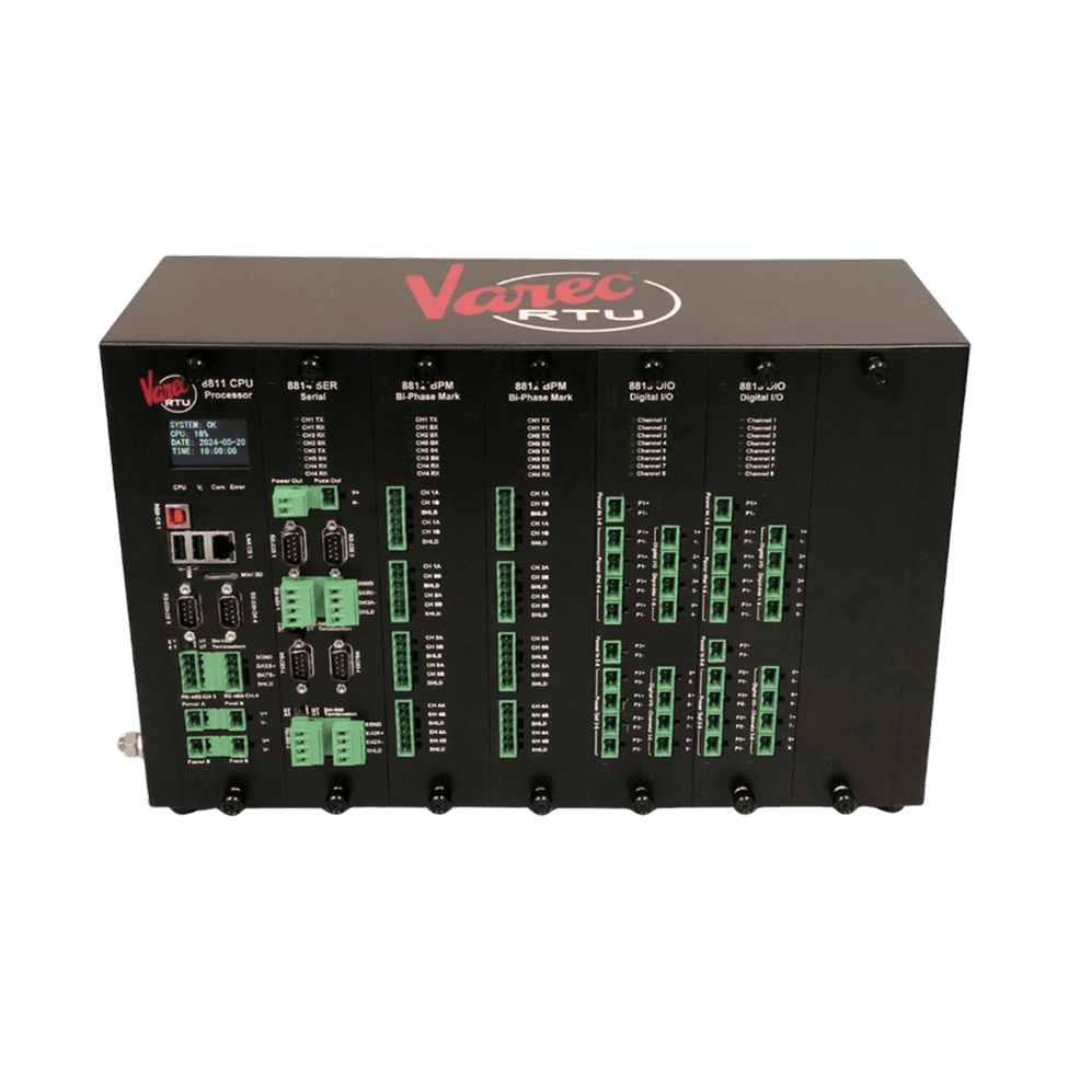 Varec 8810 RTU chassis with CPU, serial, bi-phase mark and digital I/O modules