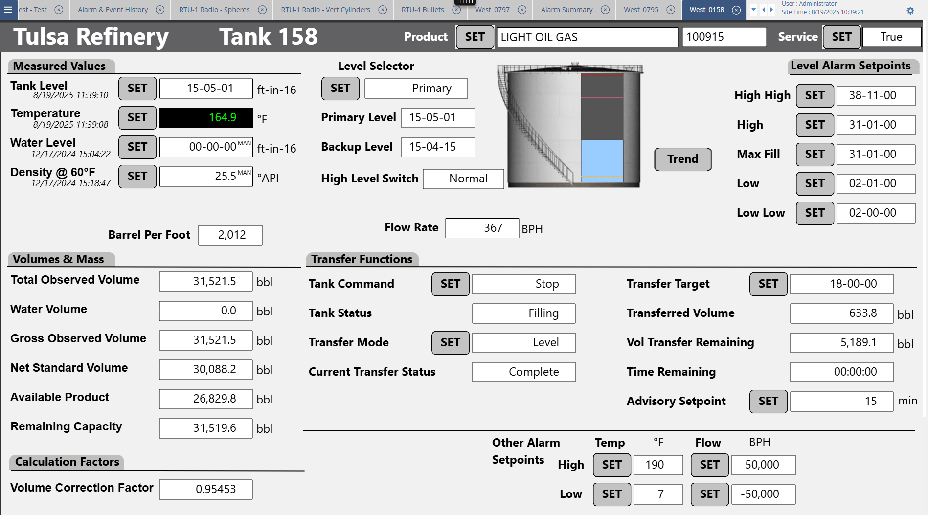 WINGauge 3905 tank detail screen showing measured values, level setpoints and transfer functions